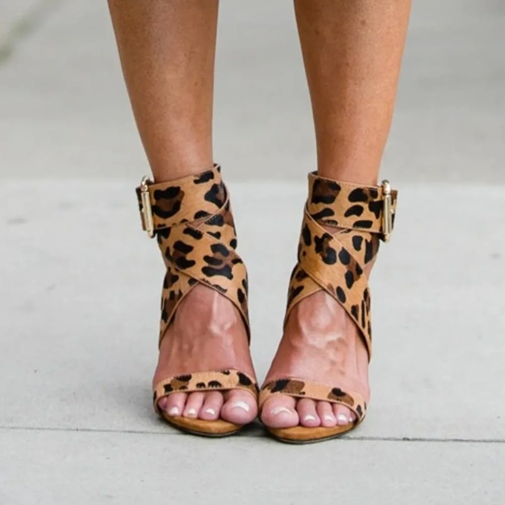 Raye Lexie cheetah print ankle strap stacked heels - Picture 1 of 9